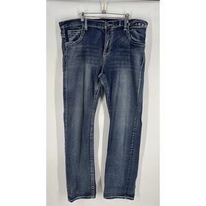 True Luck Men’s Denim Jeans 40x35 Straight Leg Stonewashed Thick Stitch EUC